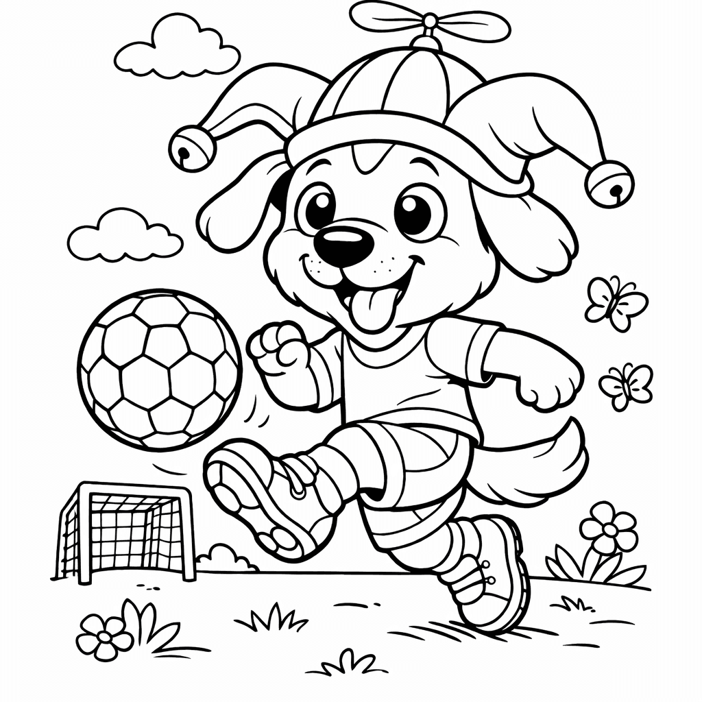 Free printable coloring page: Doggy playing soccer with a funny hat Coloring Page, for ages 3-6