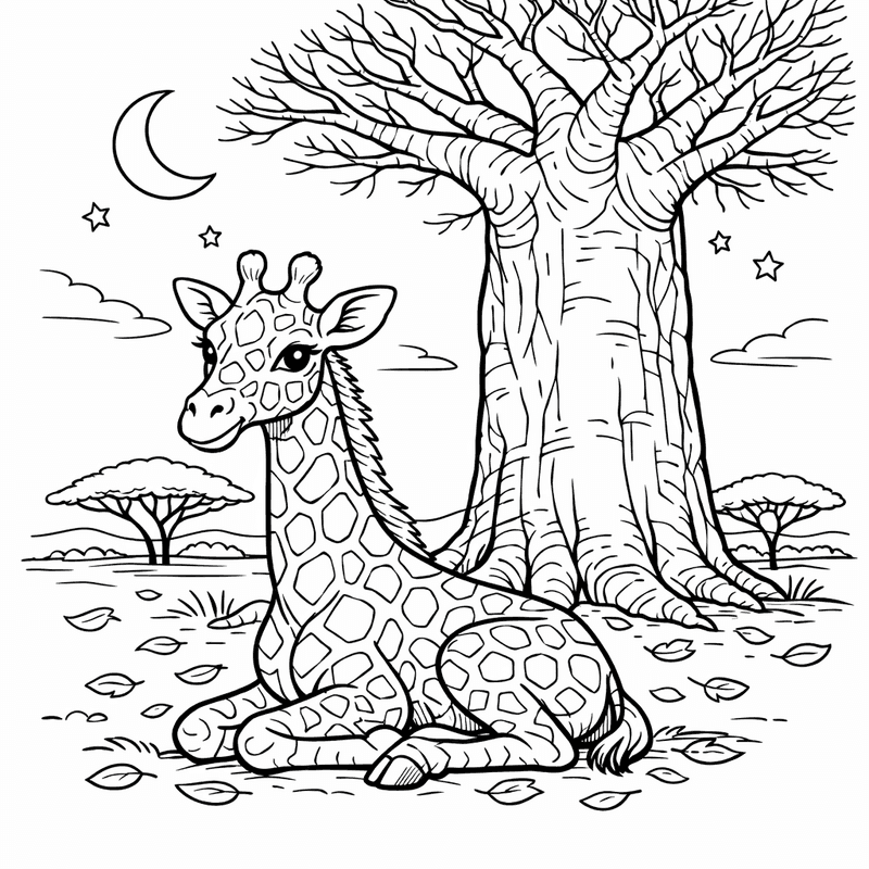 Free printable coloring page: Object Only: Two Giraffes Sitting Together, Simple And Adorable, No Background, for ages 7-12
