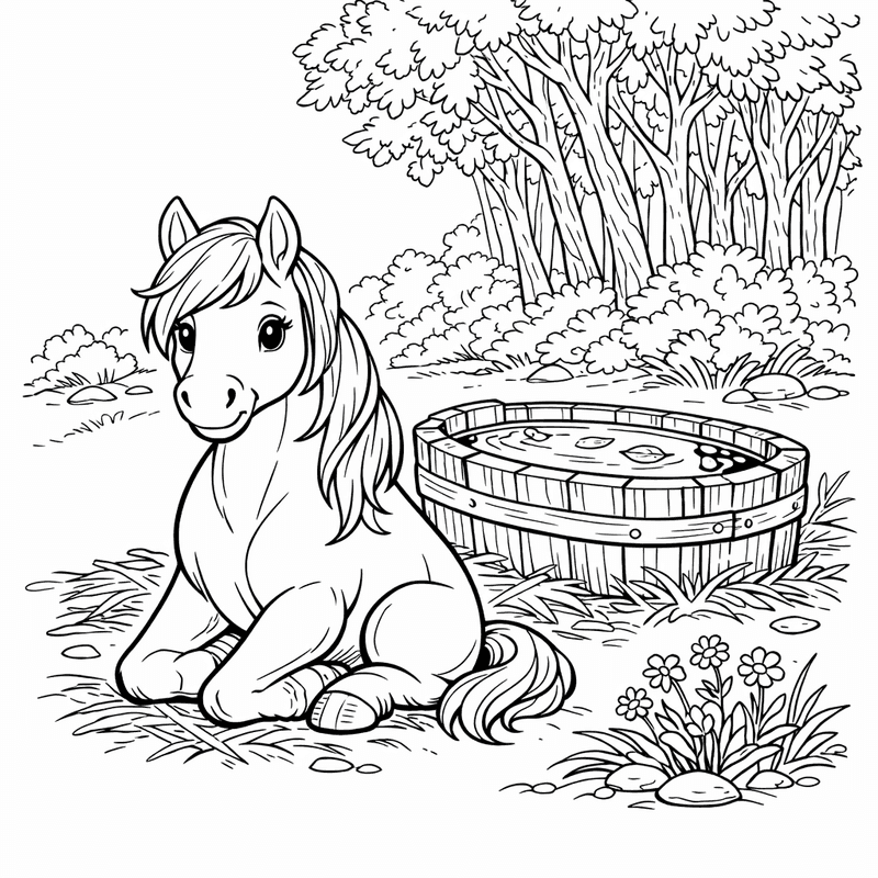 Free printable coloring page: A Horse And Foal Nuzzling In A Field, for ages 7-12