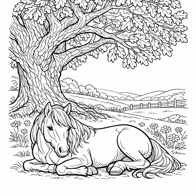 Free printable coloring page: A Horse Eating Hay In A Stable, for ages 7-12