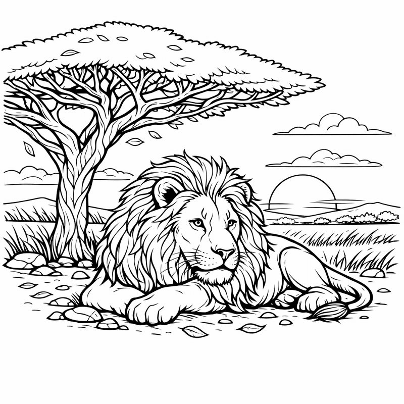 Free printable coloring page: A Lion Family Gathered At A Watering Hole, for ages 7-12