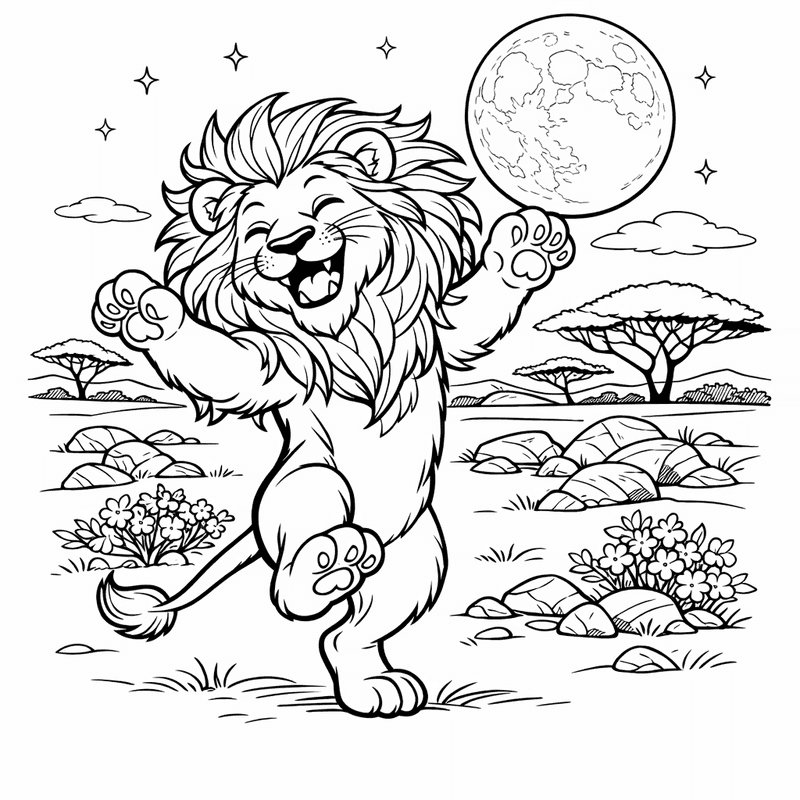 Free printable coloring page: A Lion Cub Chasing A Butterfly In A Meadow, for ages 7-12