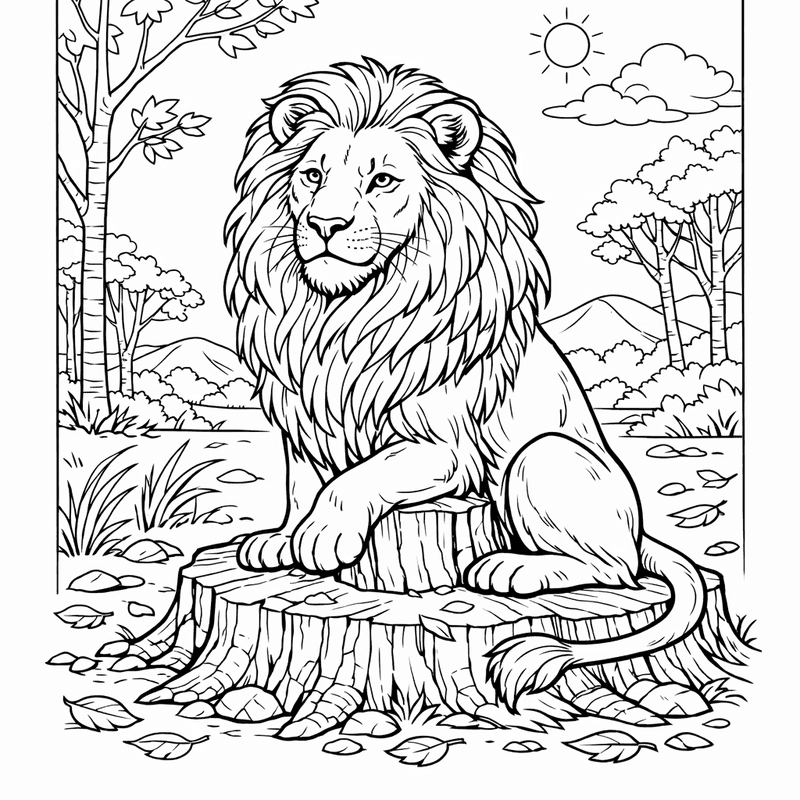 Free printable coloring page: A Lion Resting Under An Acacia Tree At Sunset, for ages 7-12