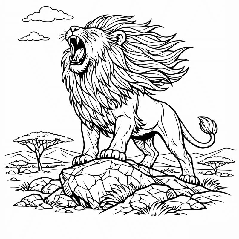 Free printable coloring page: A Lion Walking Proudly Across The Grasslands, for ages 7-12