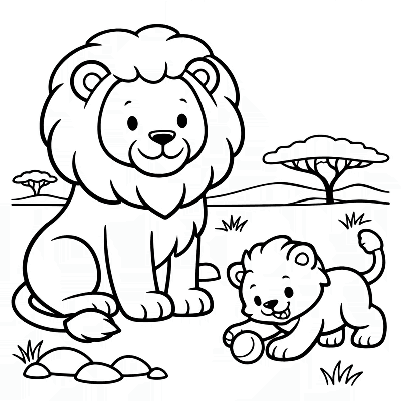Free printable coloring page: Object Only: Two Lions Sitting Together, Simple And…, for ages 3-6