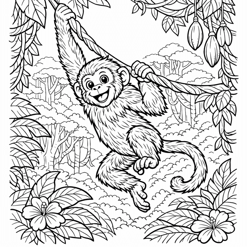 Free printable coloring page: A Monkey Family Grooming Each Other In A Tree, for ages 7-12