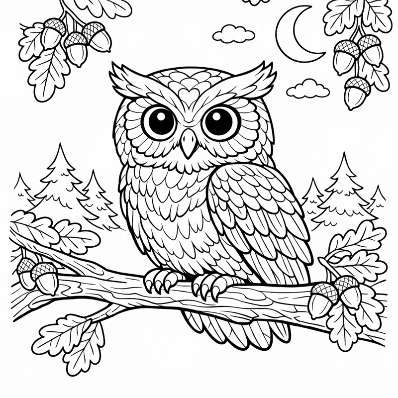 Free printable coloring page: Owl With Moon, for ages 7-9