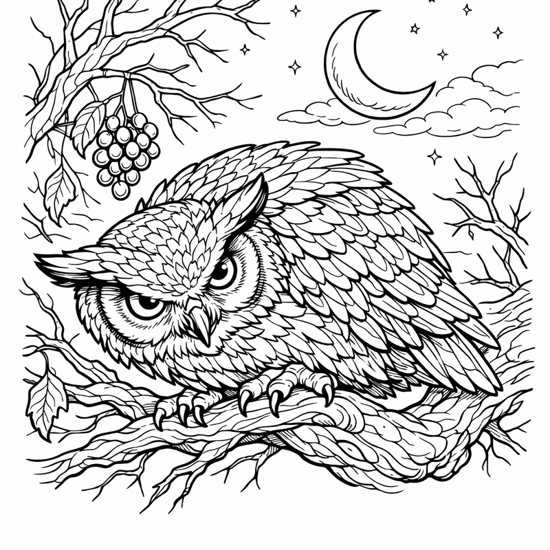 Free printable coloring page: An Owl Family Of Three Sitting On A Branch, for ages 7-12