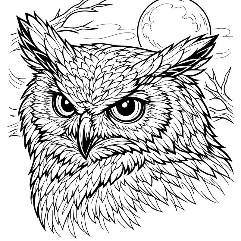 Free printable coloring page: An Owl Flying With Wings Spread Under Stars, for ages 7-12