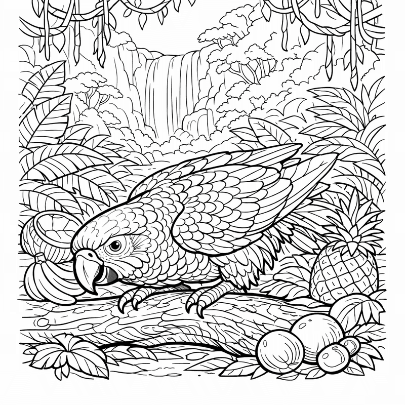 Free printable coloring page: A Parrot Eating A Piece Of Fruit On A Branch, for ages 7-12