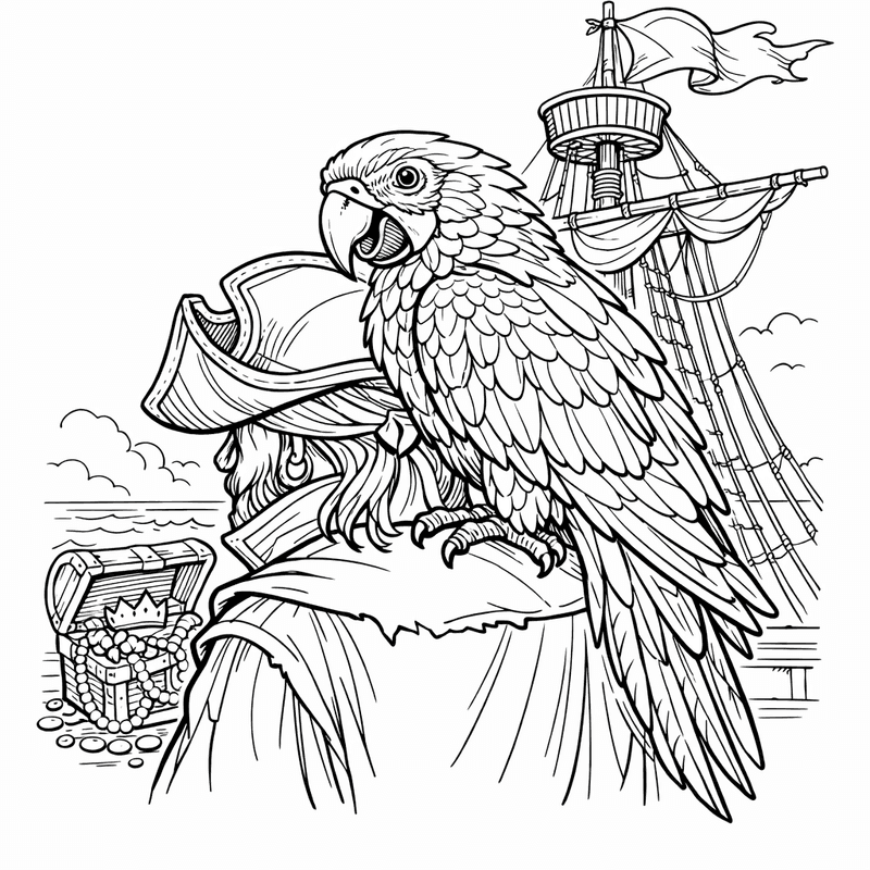 Free printable coloring page: A Parrot Perched On A Tropical Branch With Flowers, for ages 7-12