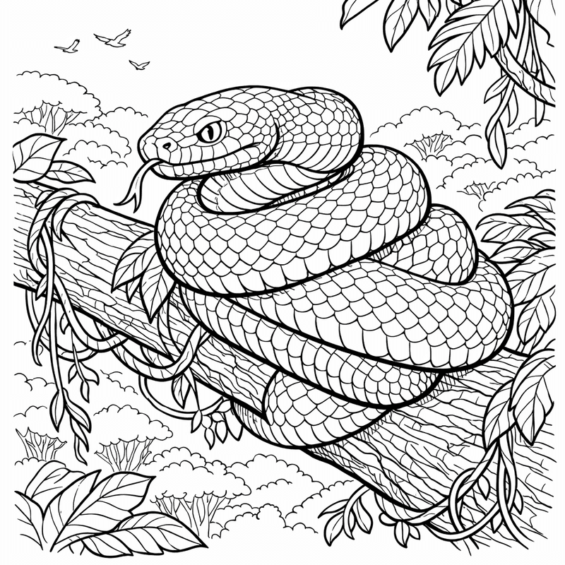 Free printable coloring page: A Snake Wrapped Around A Tree In The Jungle, for ages 7-12
