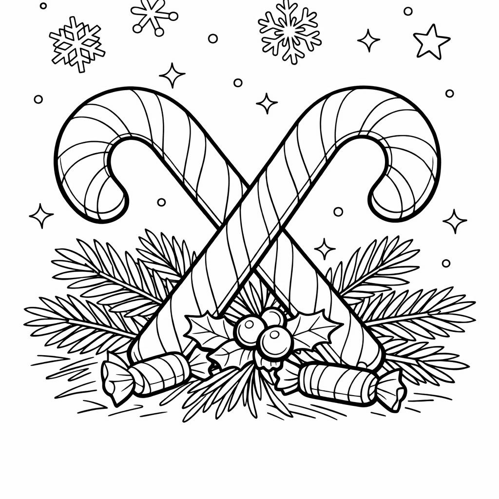 Free printable coloring page: Object Only: Two Or Three Candy Canes Side By Side, Simple And Adorable, No Background, for ages 7-12