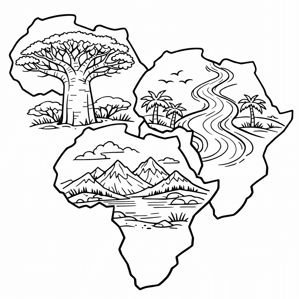 Free printable coloring page: Object Only: Two Or Three Africas Side By…, for ages 7-12