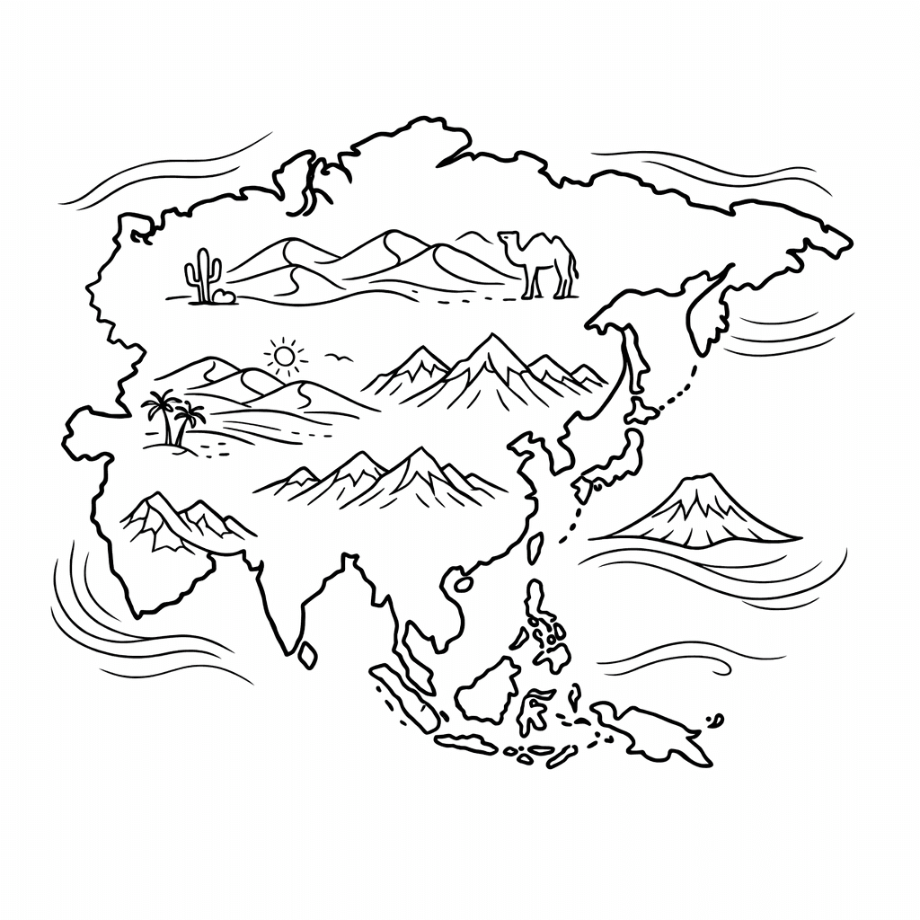 Free printable coloring page: Asia Outline Map, for ages 7-12