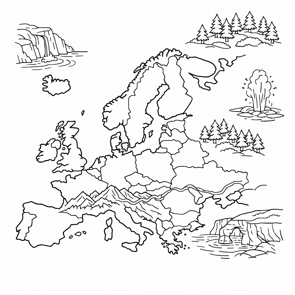 Free printable coloring page: Europe Outline Map, for ages 7-12
