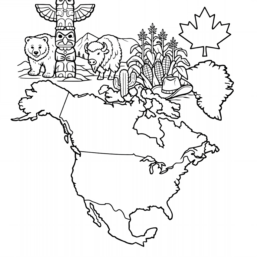 Free printable coloring page: North America Outline, for ages 7-12