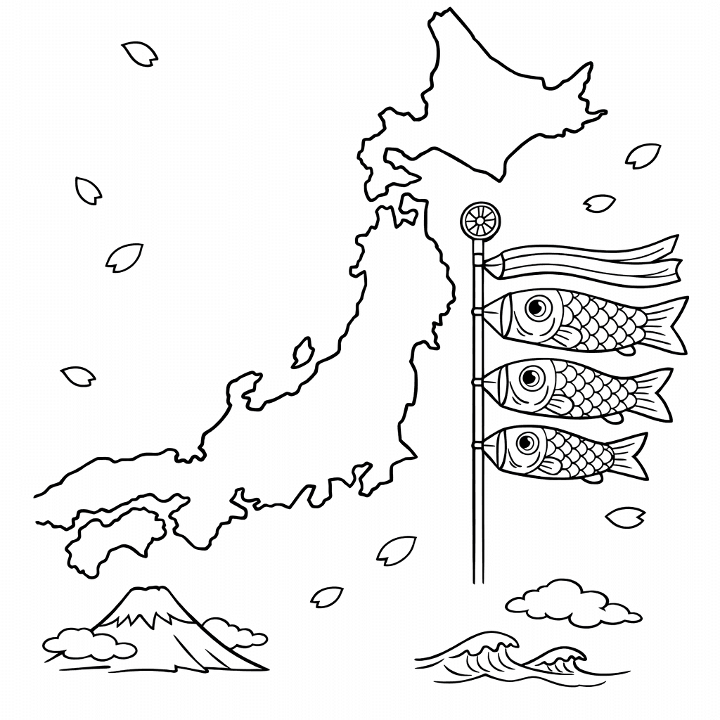 Japan Coloring Page — Japan And Cherry Blossom