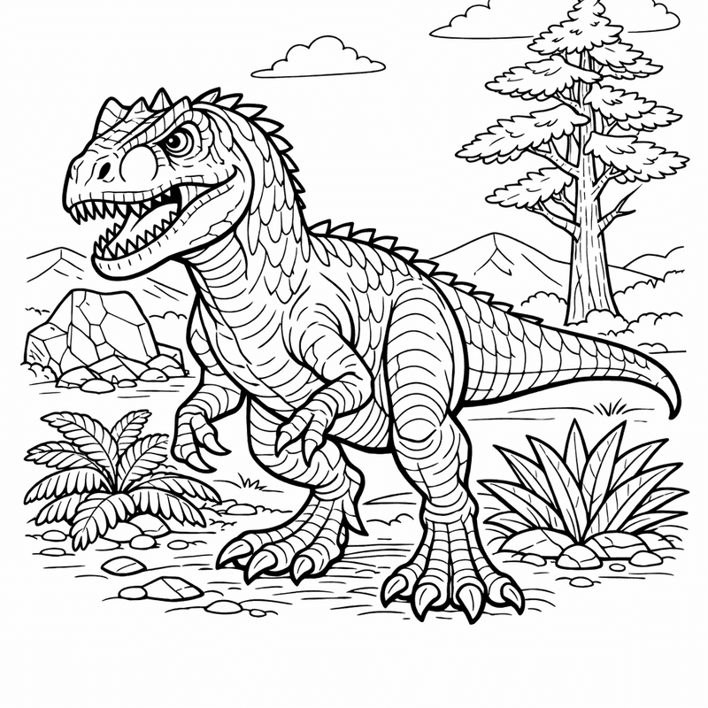 Free printable coloring page: Allosaurus And Volcano, for ages 7-12