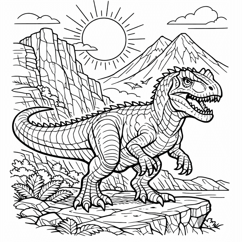 Free printable coloring page: Allosaurus Hunting, for ages 7-12