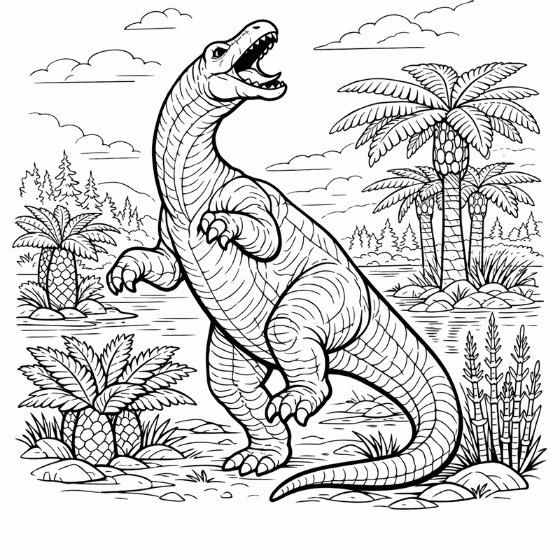 Free printable coloring page: Brontosaurus And Mountains, for ages 7-12