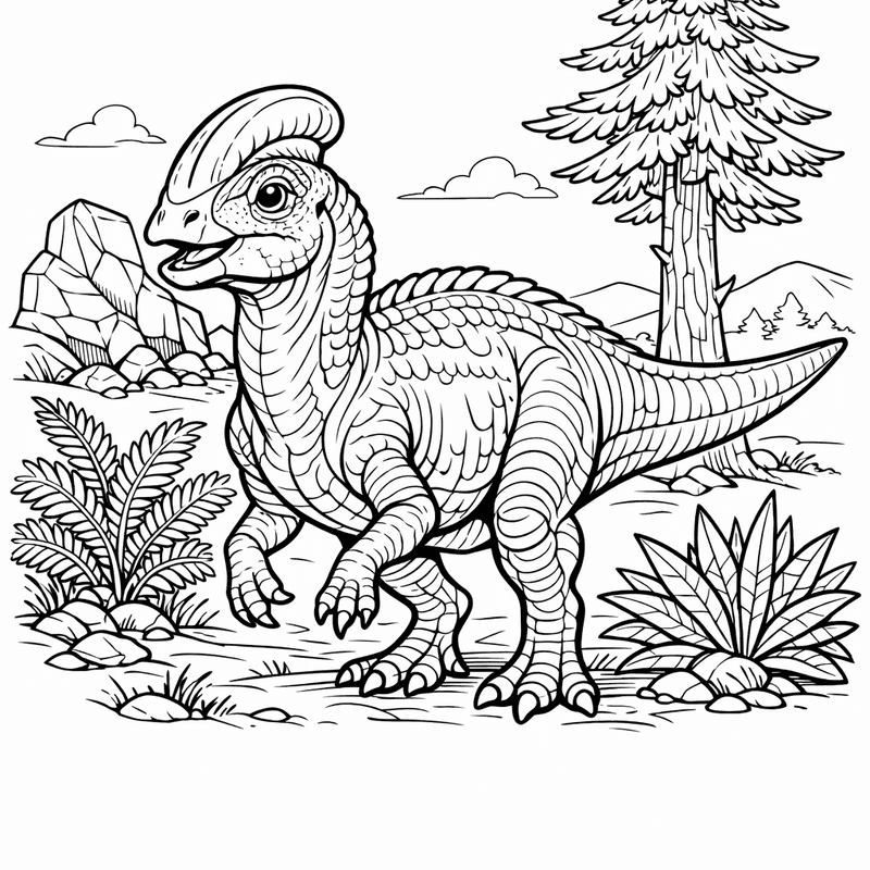 Free printable coloring page: Corythosaurus In Forest, for ages 7-12