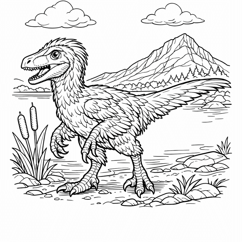 Free printable coloring page: Deinonychus In Grass, for ages 7-12