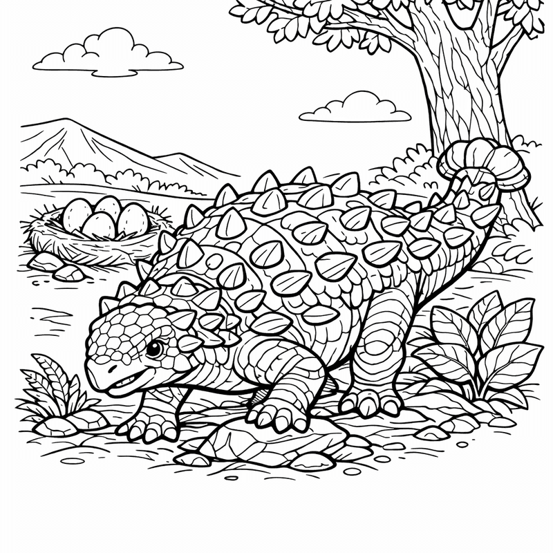 Free printable coloring page: Nodosaurus Grazing, for ages 7-12