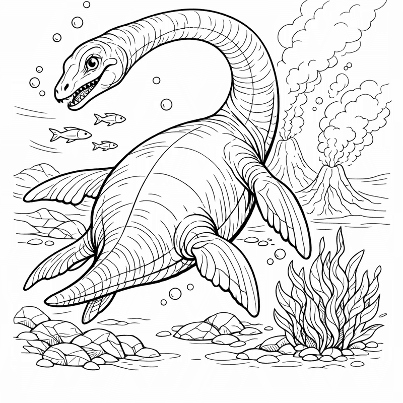 Free printable coloring page: Plesiosaur Long Neck, for ages 7-12