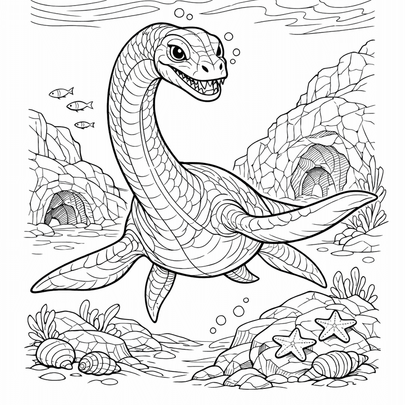 Free printable coloring page: Plesiosaur Long Neck, for ages 7-12