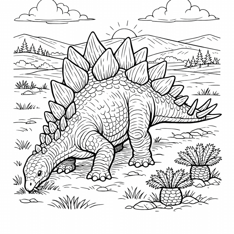 Free printable coloring page: Stegosaurus Eating, for ages 7-12