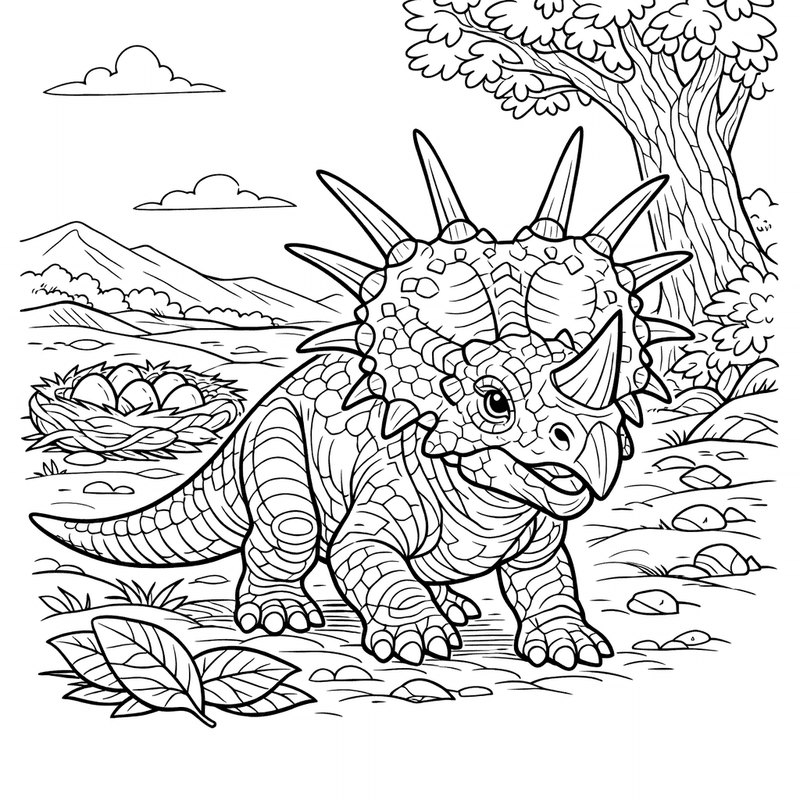 Free printable coloring page: Styracosaurus In Meadow, for ages 7-12