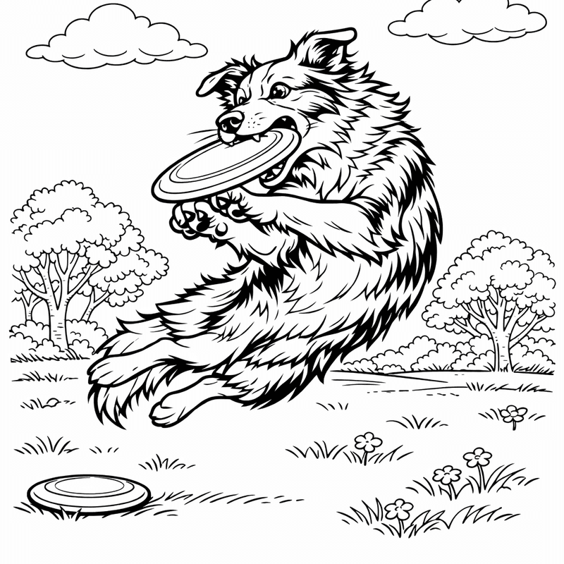 Free printable coloring page: A Border Collie Catching A Frisbee Mid-air, for ages 7-12