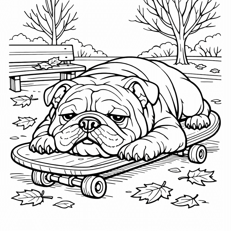 Free printable coloring page: An English Bulldog Lying On A Skateboard, for ages 7-12