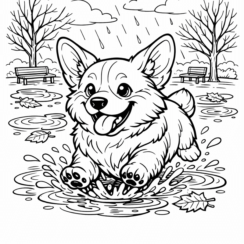 Free printable coloring page: A Corgi Splashing In Puddles On A Rainy Day, for ages 7-12