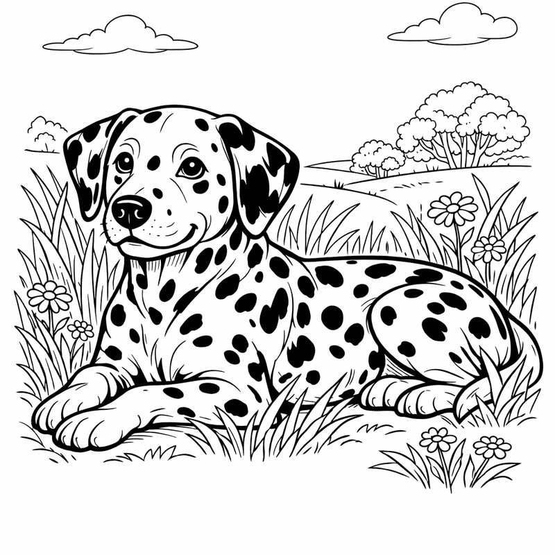 Free printable coloring page: A Dalmatian Lying In A Field Showing Its Spotted Coat, for ages 7-12
