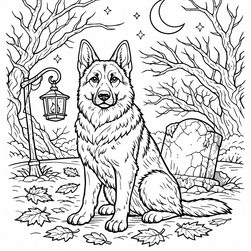 Free printable coloring page: A German Shepherd Sitting Alert With Ears Pointed Up, for ages 7-12
