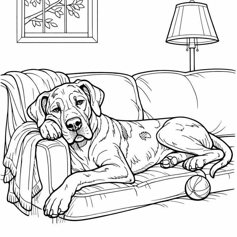 Free printable coloring page: A Great Dane Gently Playing With A Small Kitten, for ages 7-12