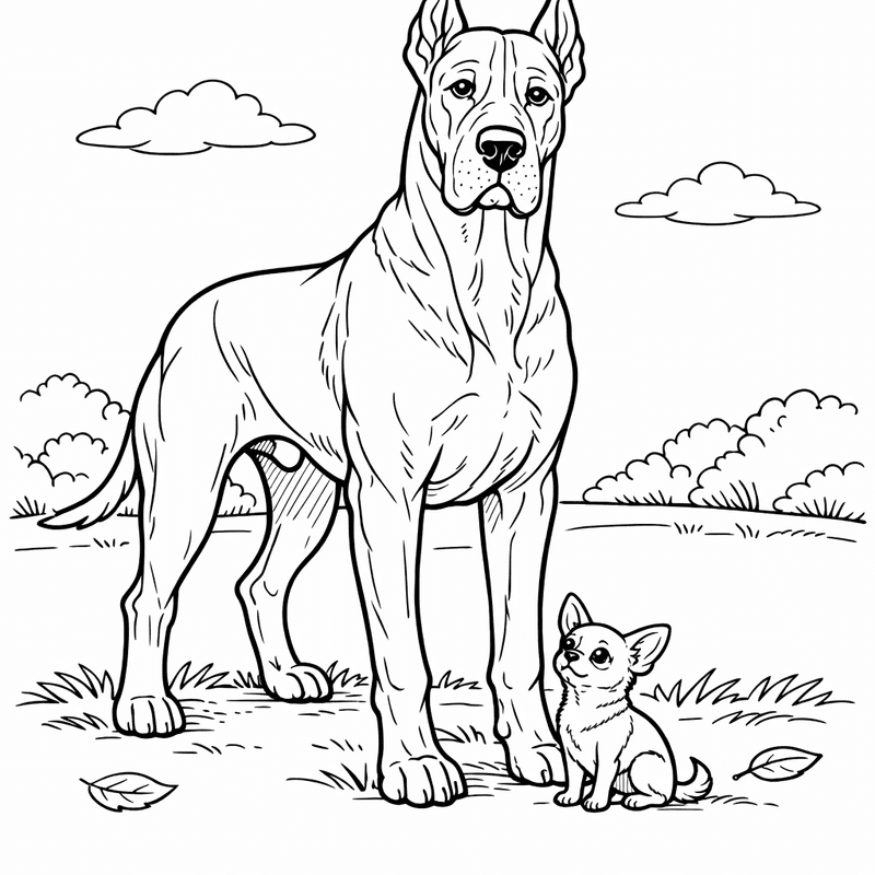 Free printable coloring page: A Great Dane Standing Tall Next To A Tiny Chihuahua For Comparison, for ages 7-12