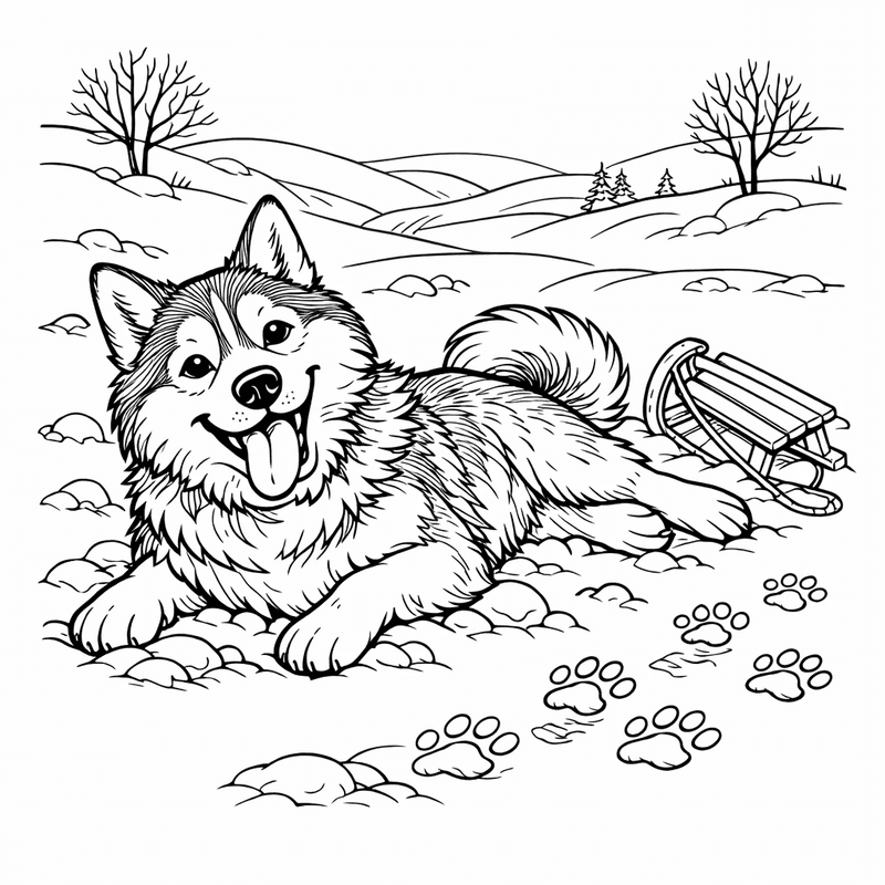 Free printable coloring page: A Husky Howling With Head Tilted Up Under Northern Lights, for ages 7-12