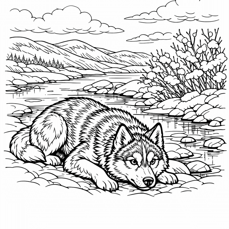 Free printable coloring page: A Husky Puppy Playing With A Snowball, for ages 7-12
