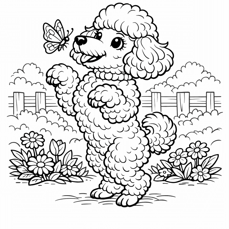 Free printable coloring page: A Miniature Poodle Playing In A Garden With Butterflies, for ages 7-12