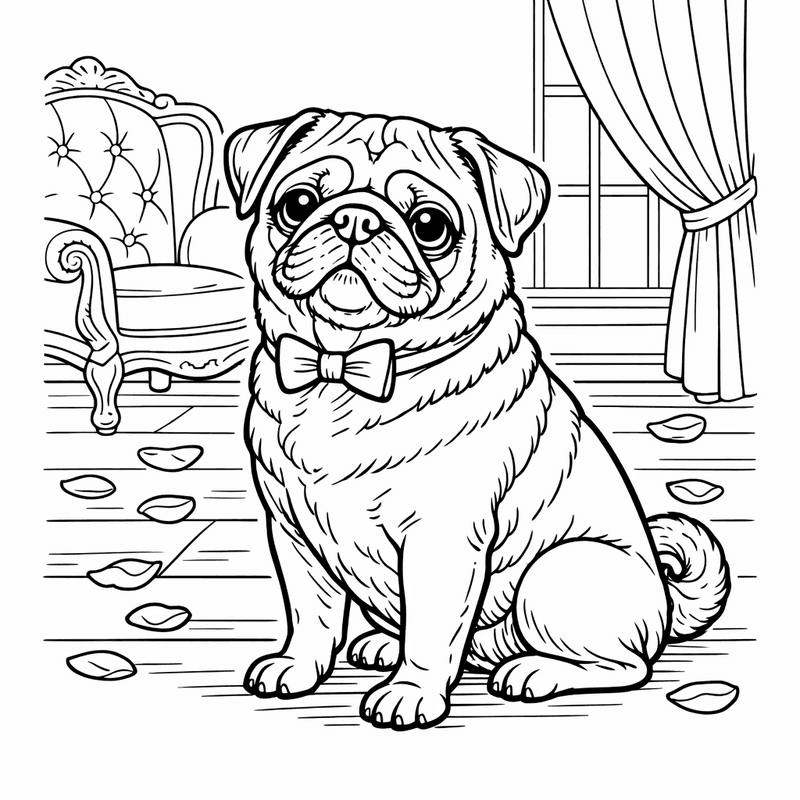 Free printable coloring page: A Pug Napping On A Pillow With A Snoring Expression, for ages 7-12