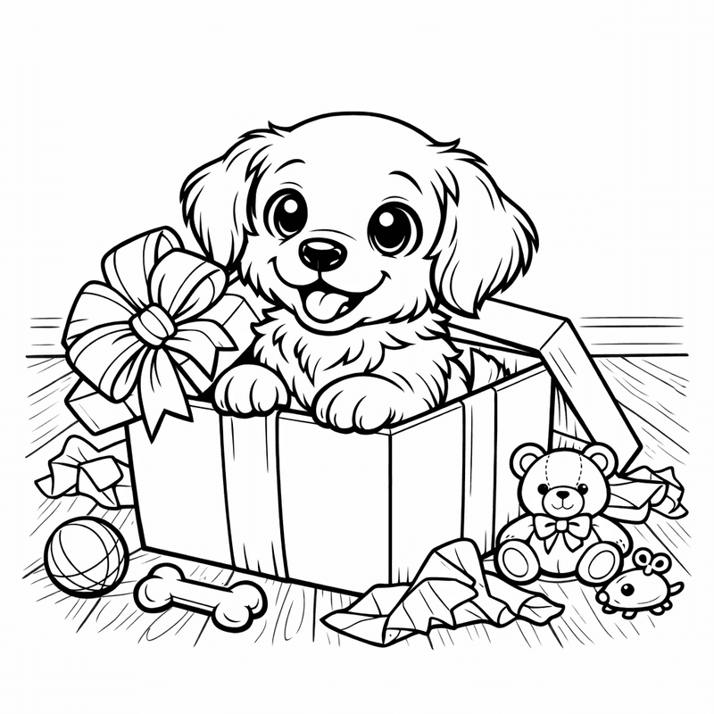 Free printable coloring page: A Puppy With A Bow On Its Head Sitting In A Gift Box, for ages 7-12