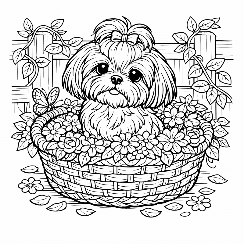 Free printable coloring page: A Shih Tzu Puppy With Flowing Hair Running In Grass, for ages 7-12