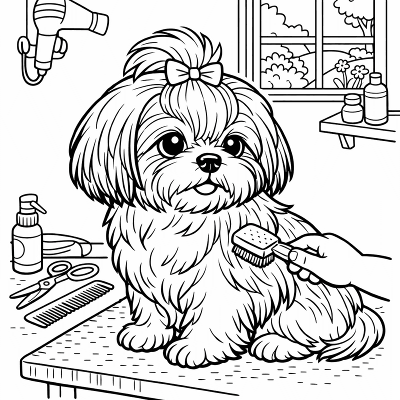 Free printable coloring page: A Shih Tzu Puppy With Big Eyes Peeking From Behind A Curtain, for ages 7-12