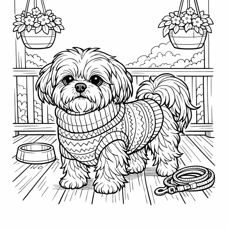 Free printable coloring page: A Shih Tzu Wearing A Sweater On A Walk, for ages 7-12