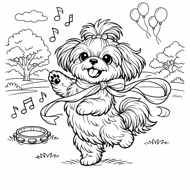 Free printable coloring page: Object Only: Two Shih Tzu Puppies Together, No Background, for ages 7-12