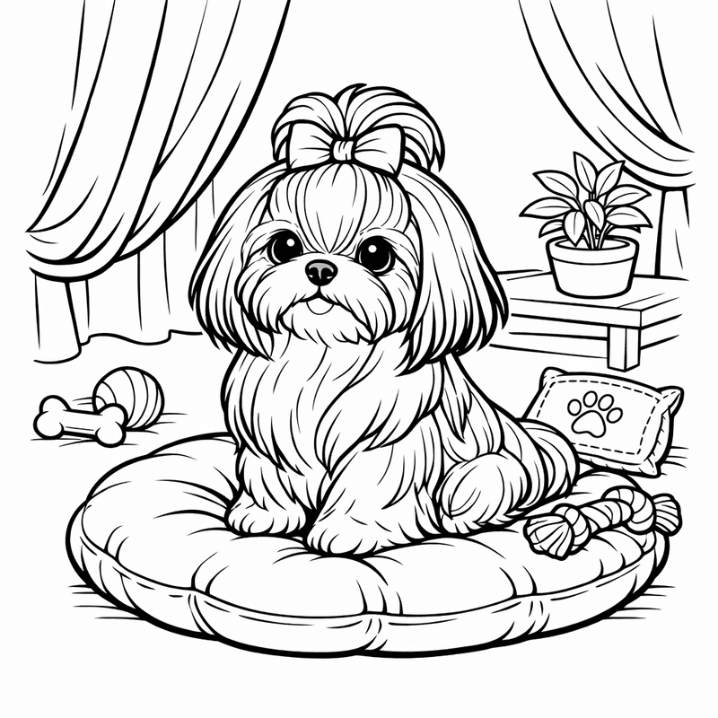 Free printable coloring page: A Shih Tzu Sitting In A Basket With Flowers, for ages 7-12
