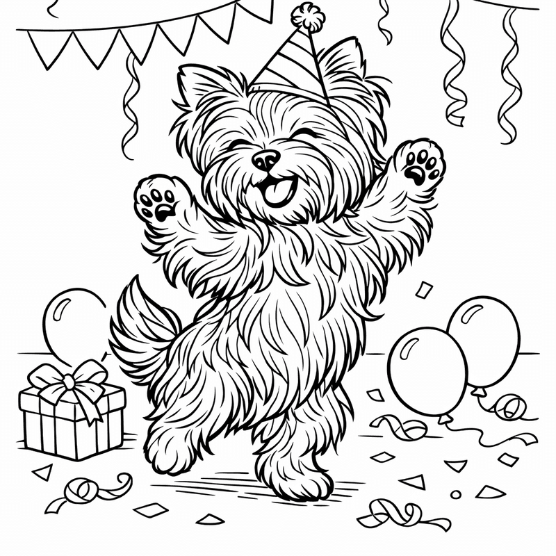 Free printable coloring page: A Yorkshire Terrier Puppy Playing With A Yarn Ball, for ages 7-12